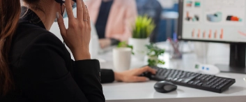 Close up shot of woman using VOIP headset