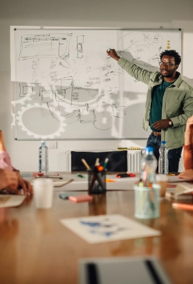 Office people working on a whiteboard